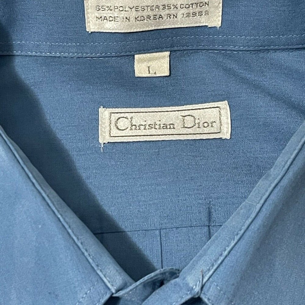 Mens Christian Dior Blue Monogramed Button Down Dress Shirt Large - Picture 7 of 11